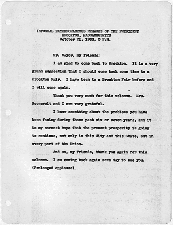President Roosevelt address to Brockton